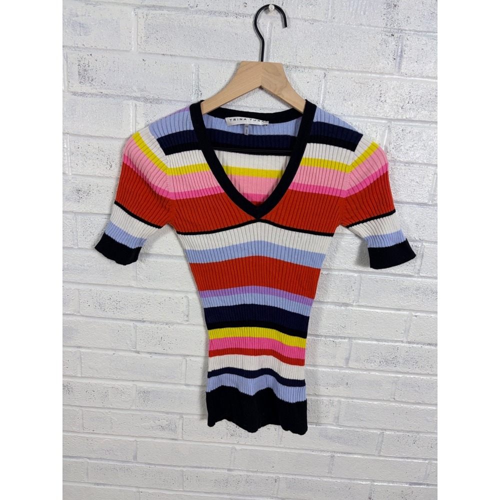 Trina Turk Ribbed Knit Top Womens XS Multicolor Stripe Fitted Stretch V-Neck